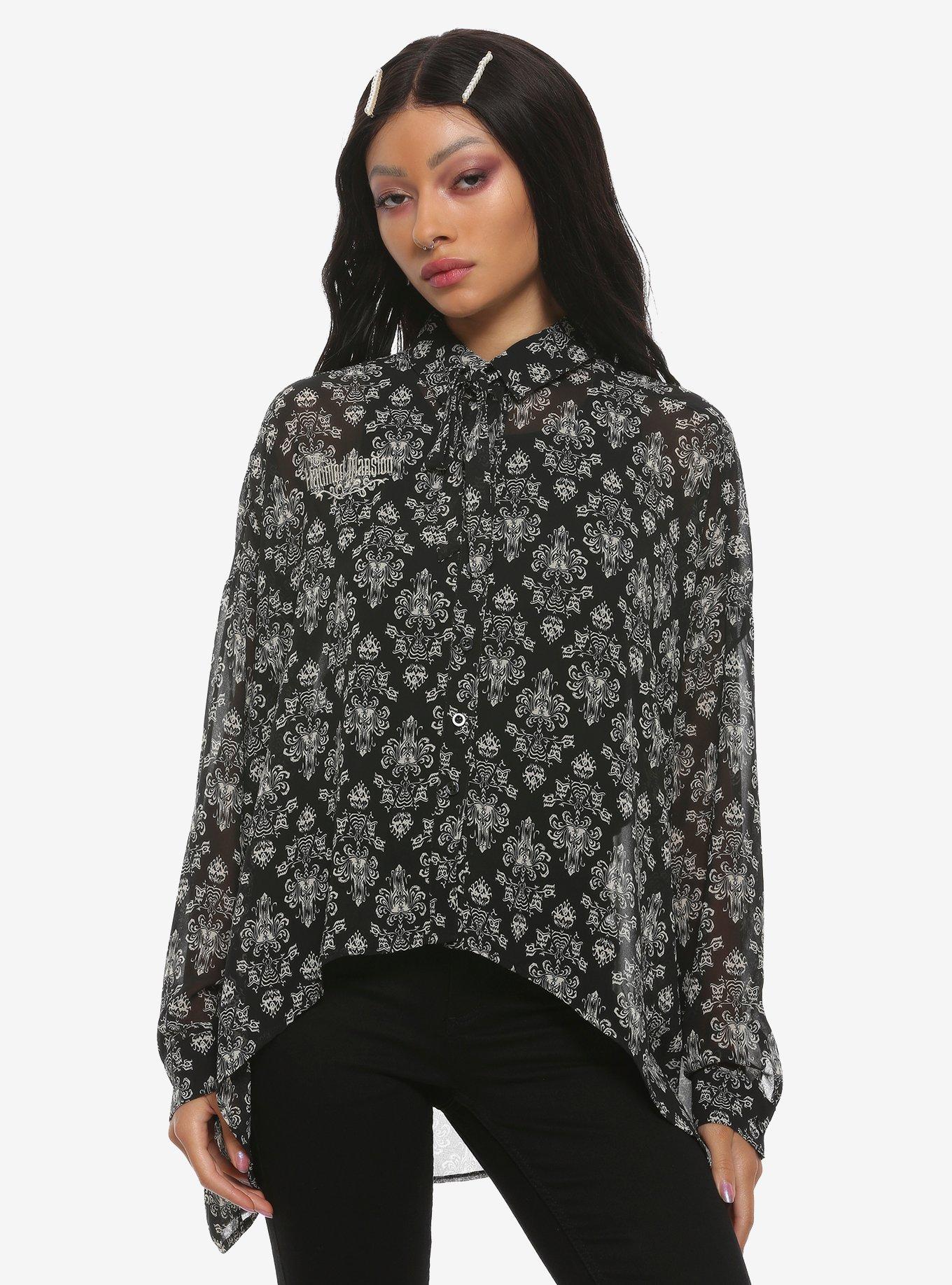 Her Universe Disney The Haunted Mansion Wallpaper Chiffon Hi-Low Girls Woven Button-Up, GREY, hi-res