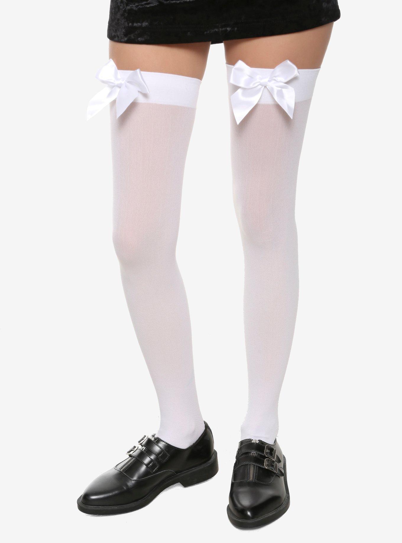 White Satin Bow Thigh Highs | Hot Topic