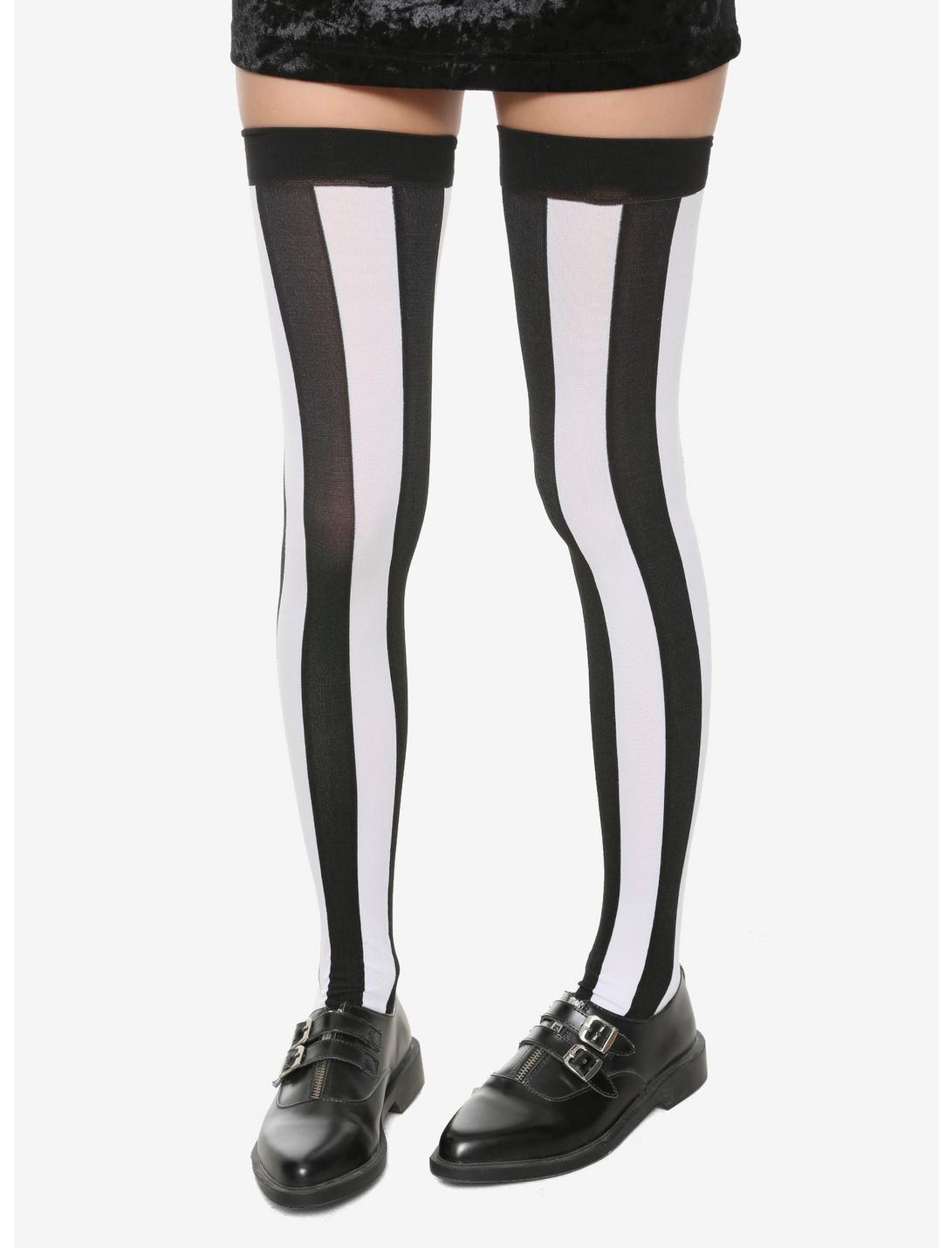 Black & White Vertical Striped Thigh Highs, , hi-res