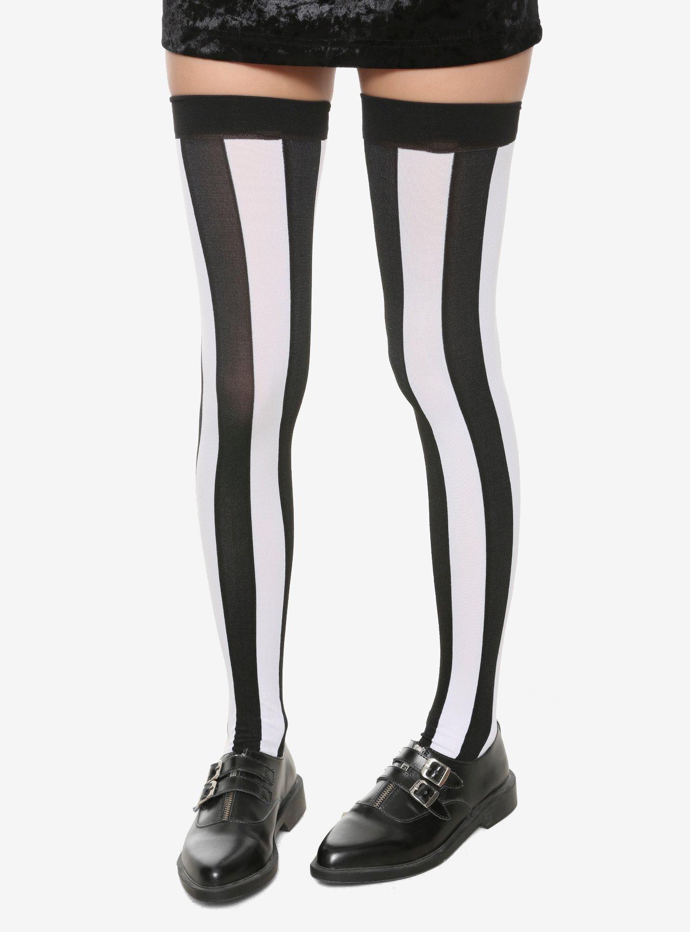 Black & White Vertical Striped Thigh Highs, , hi-res