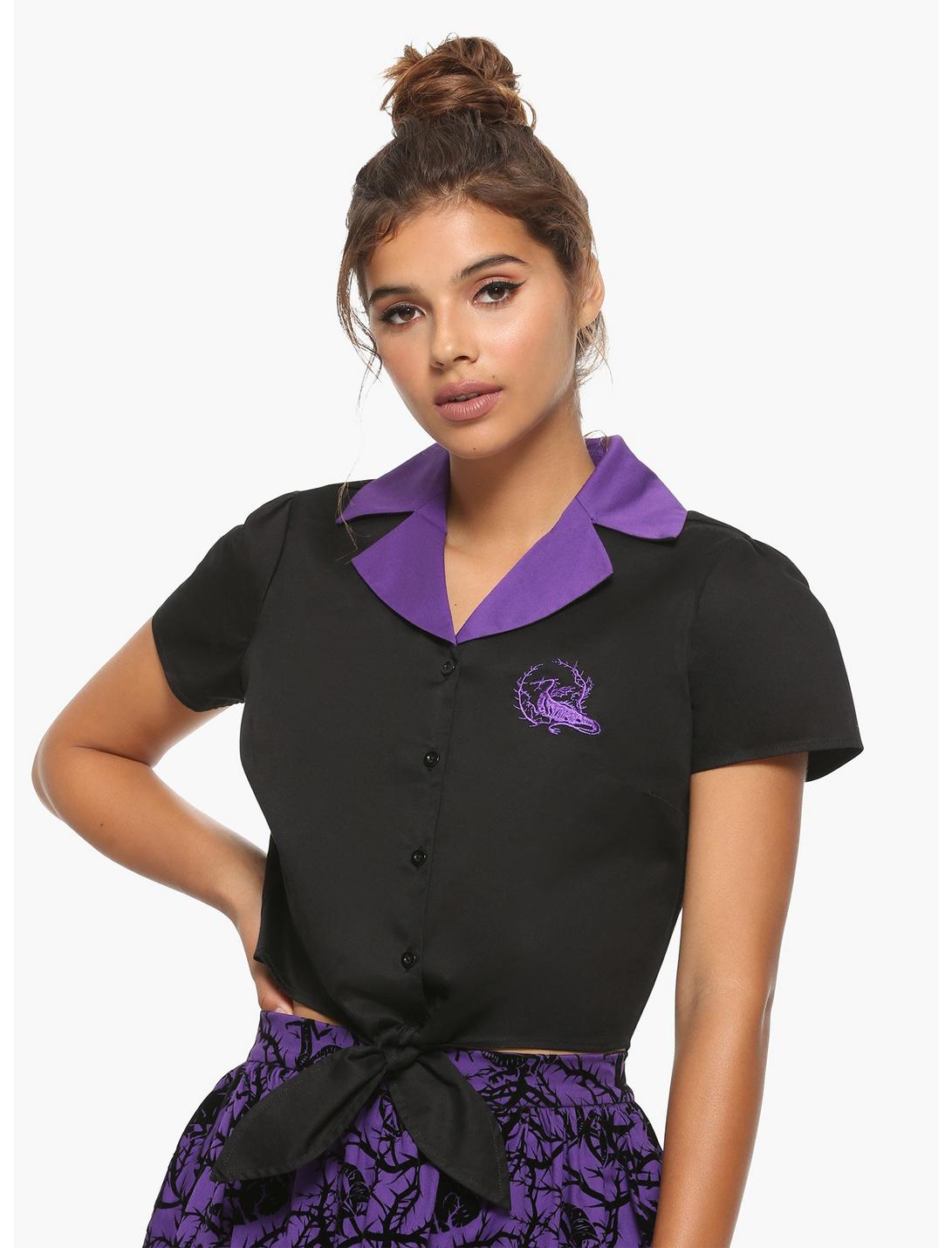 Disney Sleeping Beauty Maleficent Embroidered Girls Crop Button-Up, PURPLE, hi-res