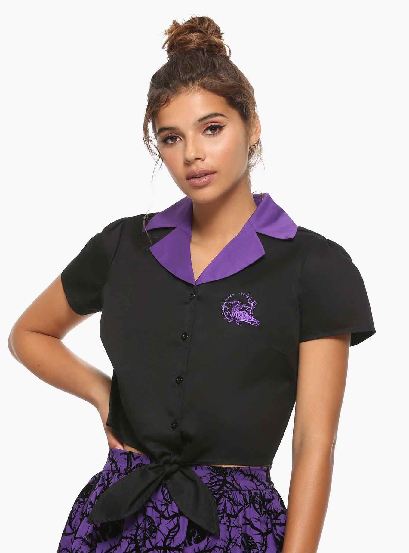 Disney Sleeping Beauty Maleficent Embroidered Girls Crop Button-Up, PURPLE, hi-res