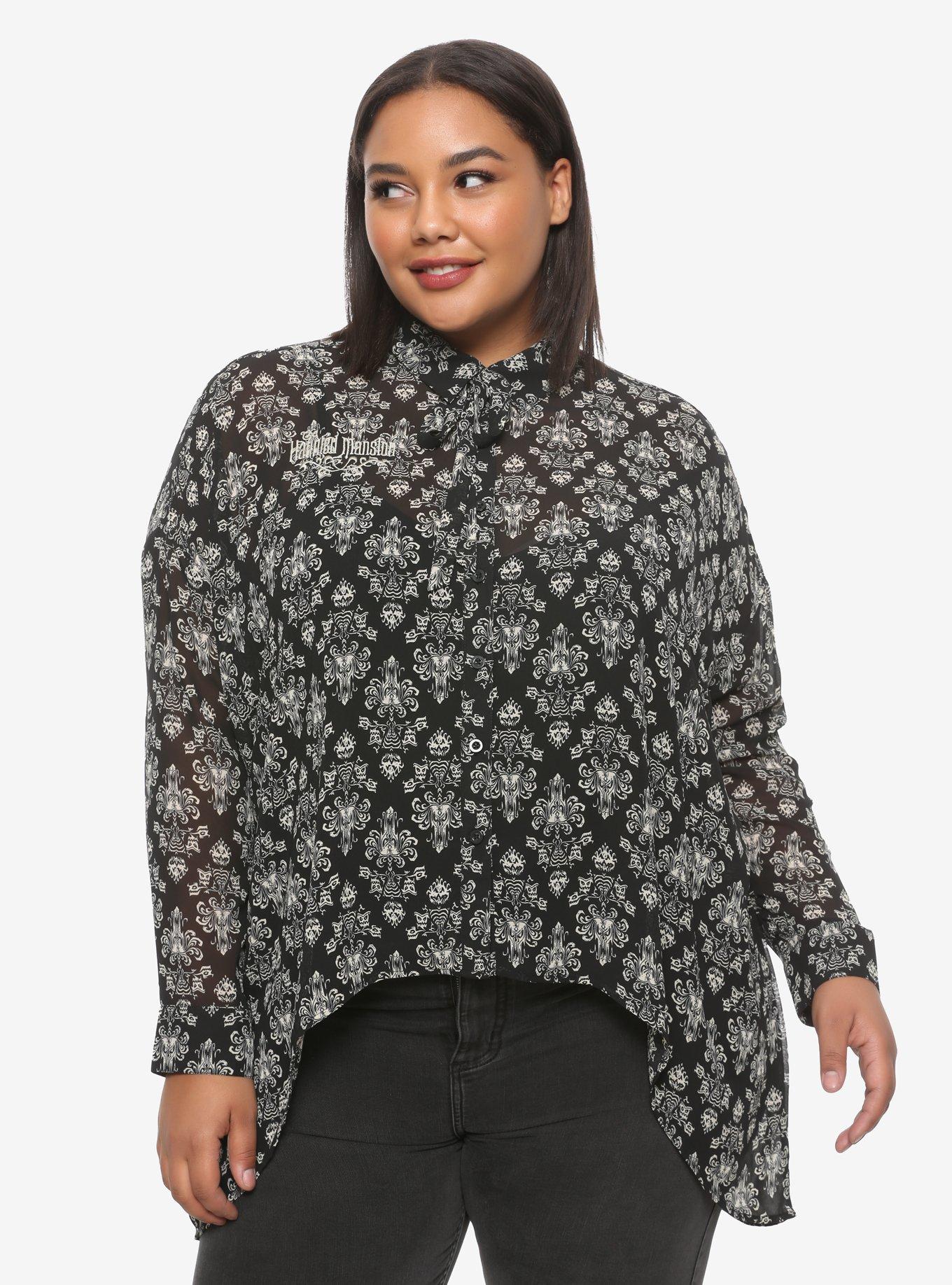 Her Universe Disney The Haunted Mansion Wallpaper Hi-Low Woven Button-Up Plus Size, MULTI, hi-res