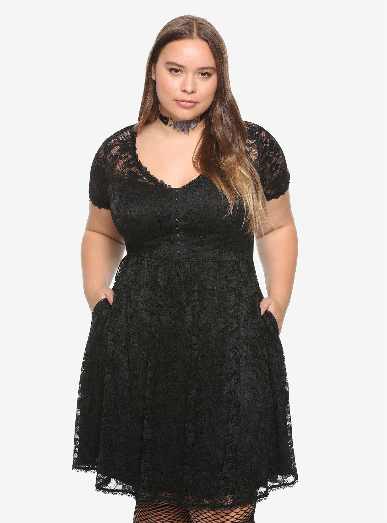 Black Lace Babydoll Dress Plus Size, BLACK, hi-res