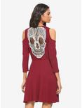 Burgundy Lace Skull Cold Shoulder Dress, BURGUNDY, hi-res