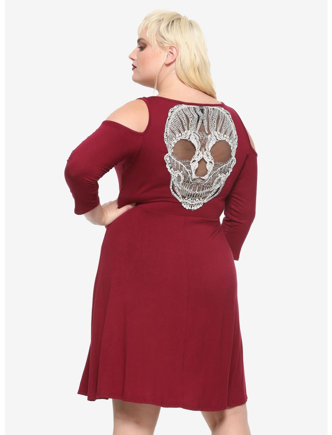 Burgundy Lace Skull Cold Shoulder Dress Plus Size, BURGUNDY, hi-res