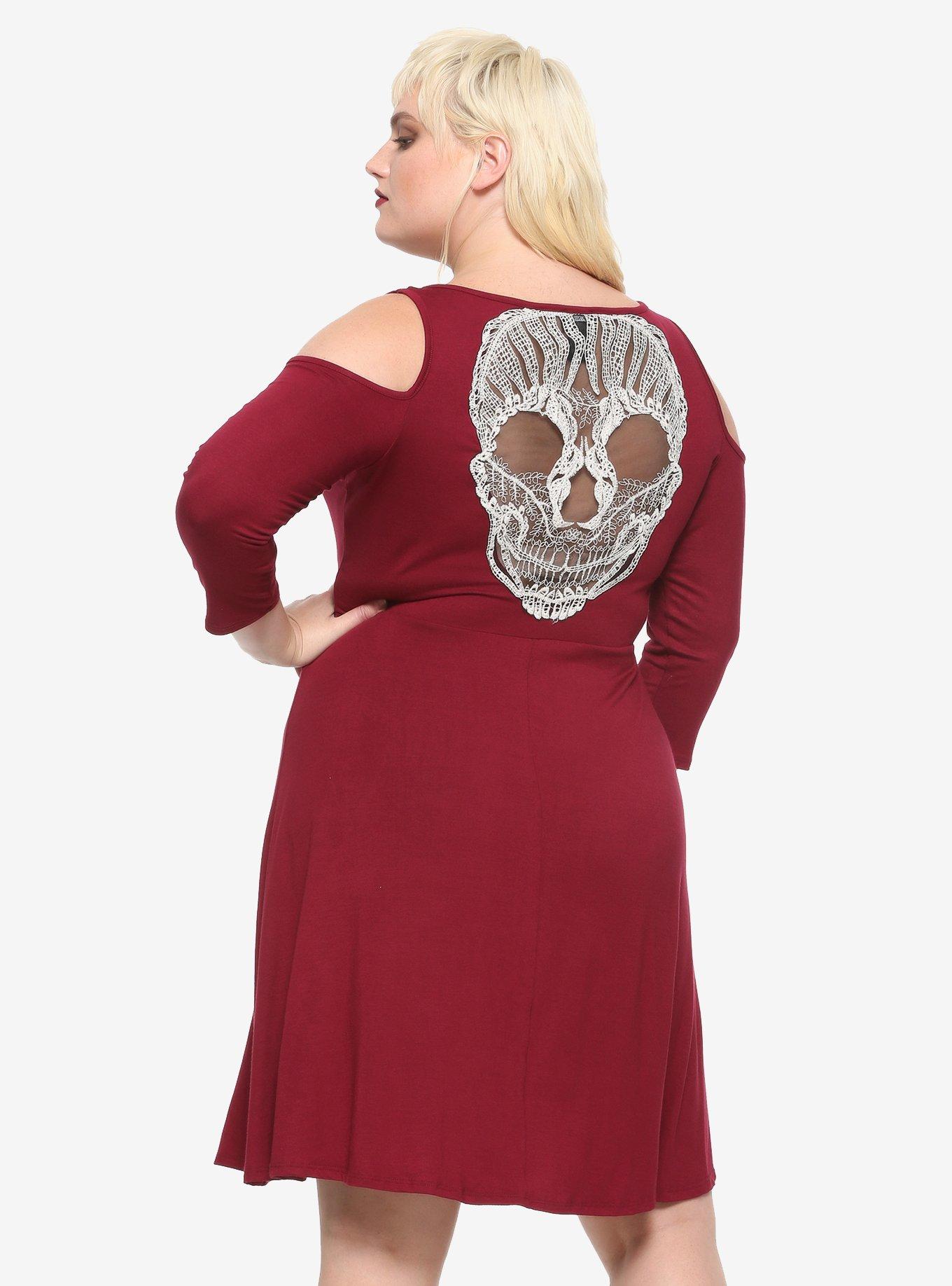 Burgundy Lace Skull Cold Shoulder Dress Plus Size | Hot Topic