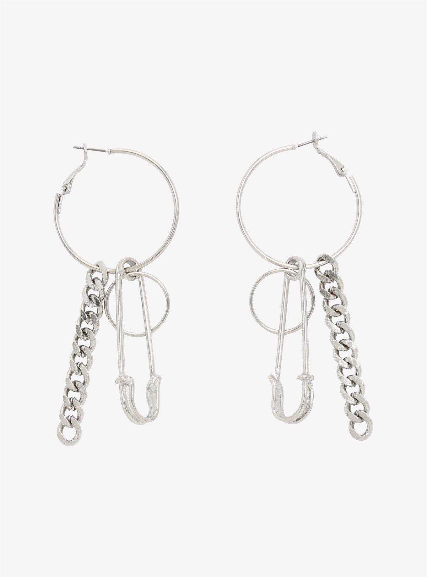 Weirdo's Gang Safety Pin Chain Hoop Earrings, , hi-res