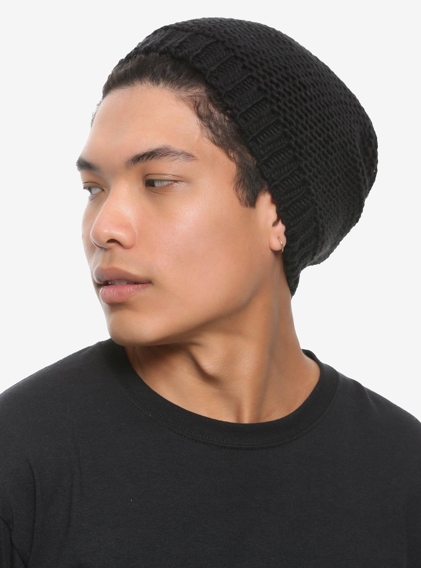 Black Heavy Knit Slouch Beanie, , hi-res
