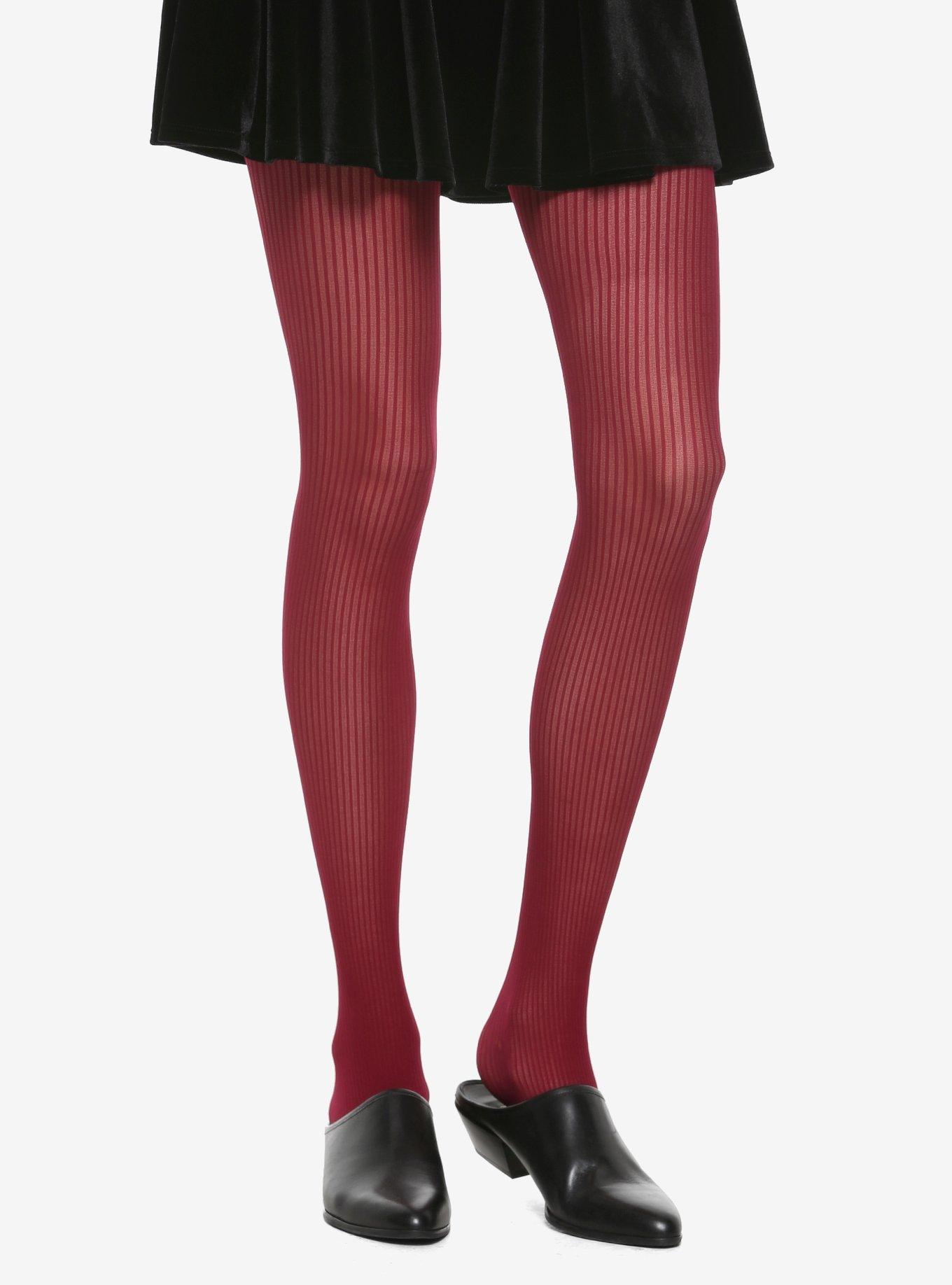 Burgundy Ribbed Tights, , hi-res