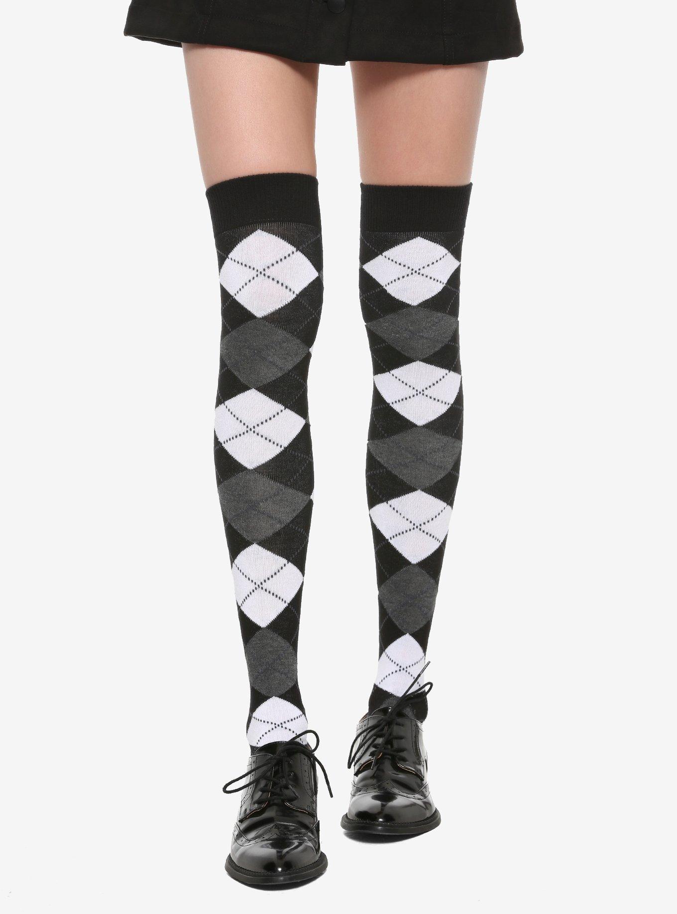 Black Grey & White Argyle Over-The-Knee Socks | Hot Topic