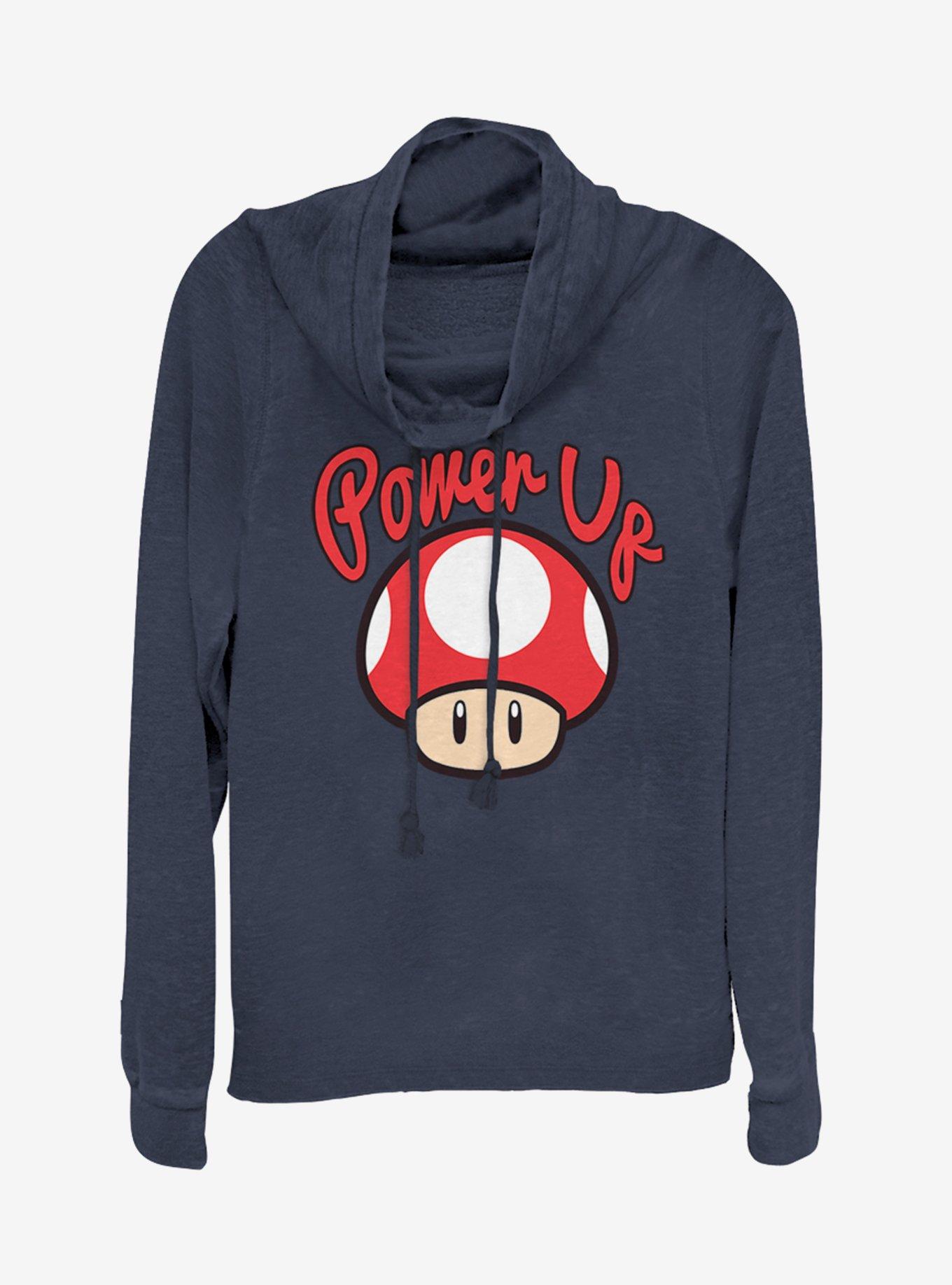 Nintendo Power Up Mushroom Cowlneck Long-Sleeve Girls Top, NAVY, hi-res