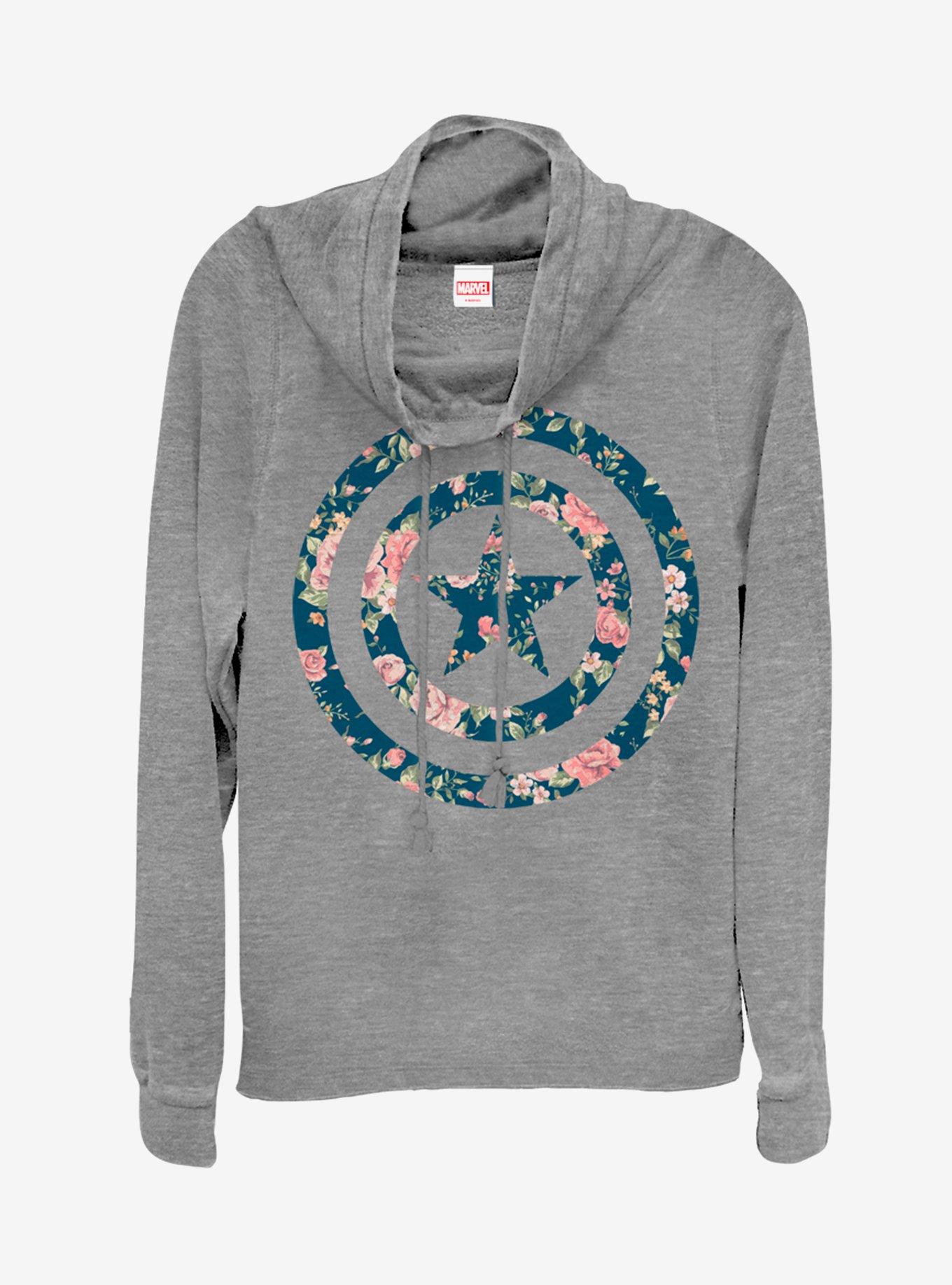 Marvel Captain America Captain Floral Cowlneck Long-Sleeve Girls Top, GRAY HTR, hi-res