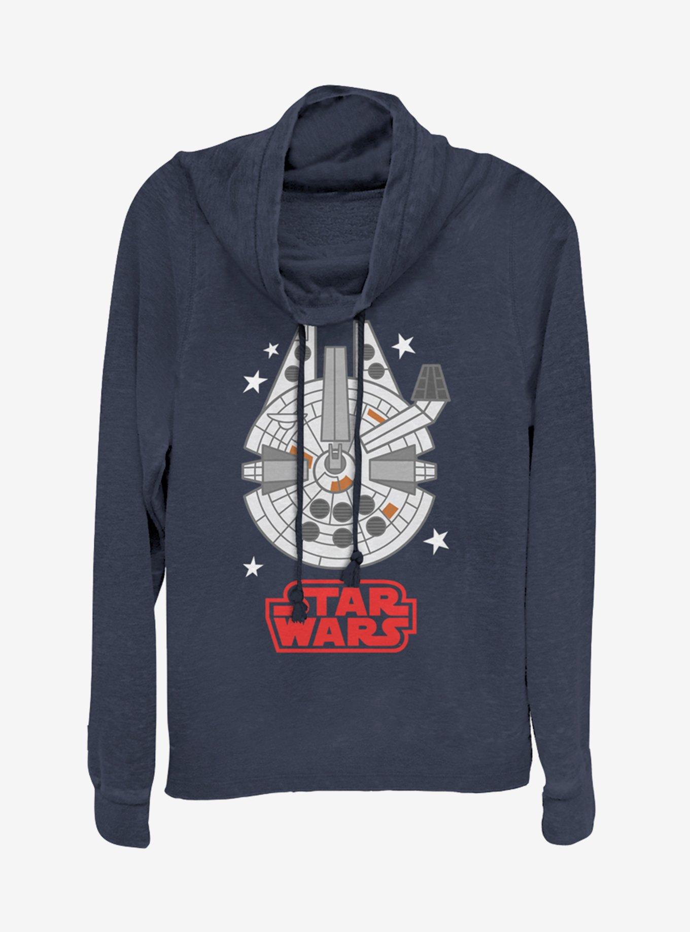 Star Wars Falcon Emoji Cowlneck Long-Sleeve Girls Top, NAVY, hi-res