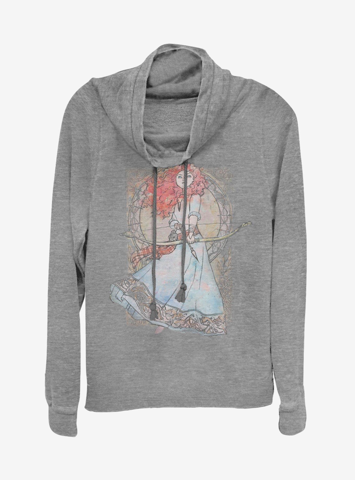 Disney Pixar Brave Watercolor Brave Cowlneck Long-Sleeve Girls Top, GRAY HTR, hi-res