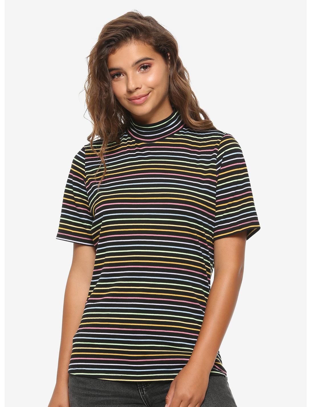 Black & Rainbow Stripe Mock Neck Girls T-Shirt, MULTI, hi-res