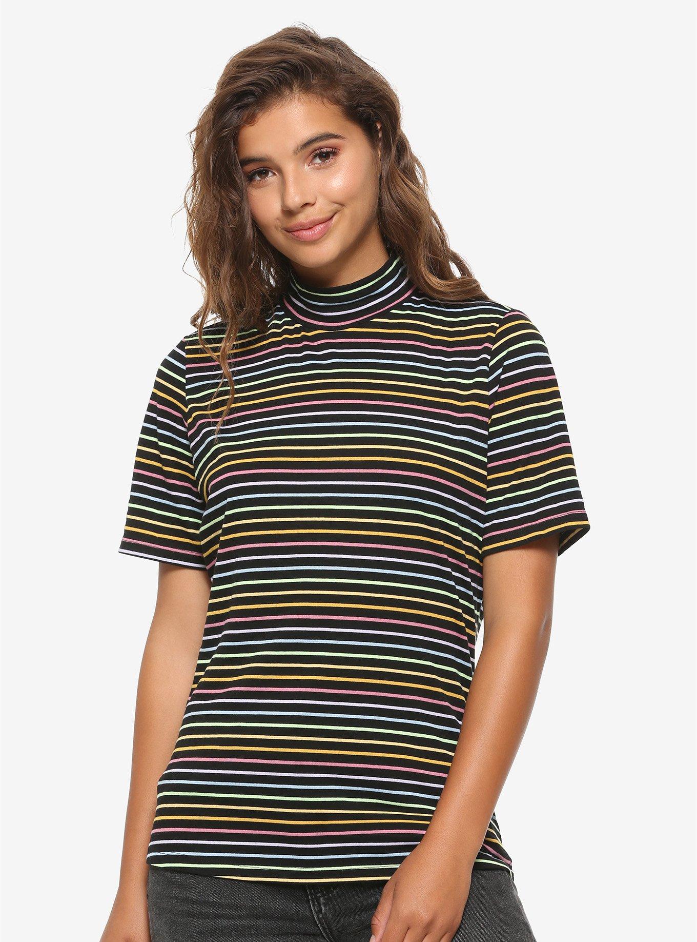 Black & Rainbow Stripe Mock Neck Girls T-Shirt, MULTI, hi-res
