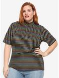 Black & Rainbow Stripe Mock Neck Girls T-Shirt Plus Size, MULTI, hi-res