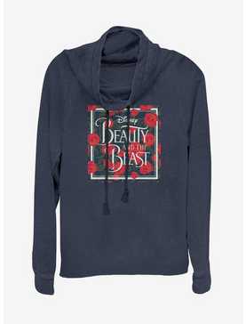 Disney Beauty and the Beast Flower Box Cowlneck Long-Sleeve Womens Top, NAVY, hi-res