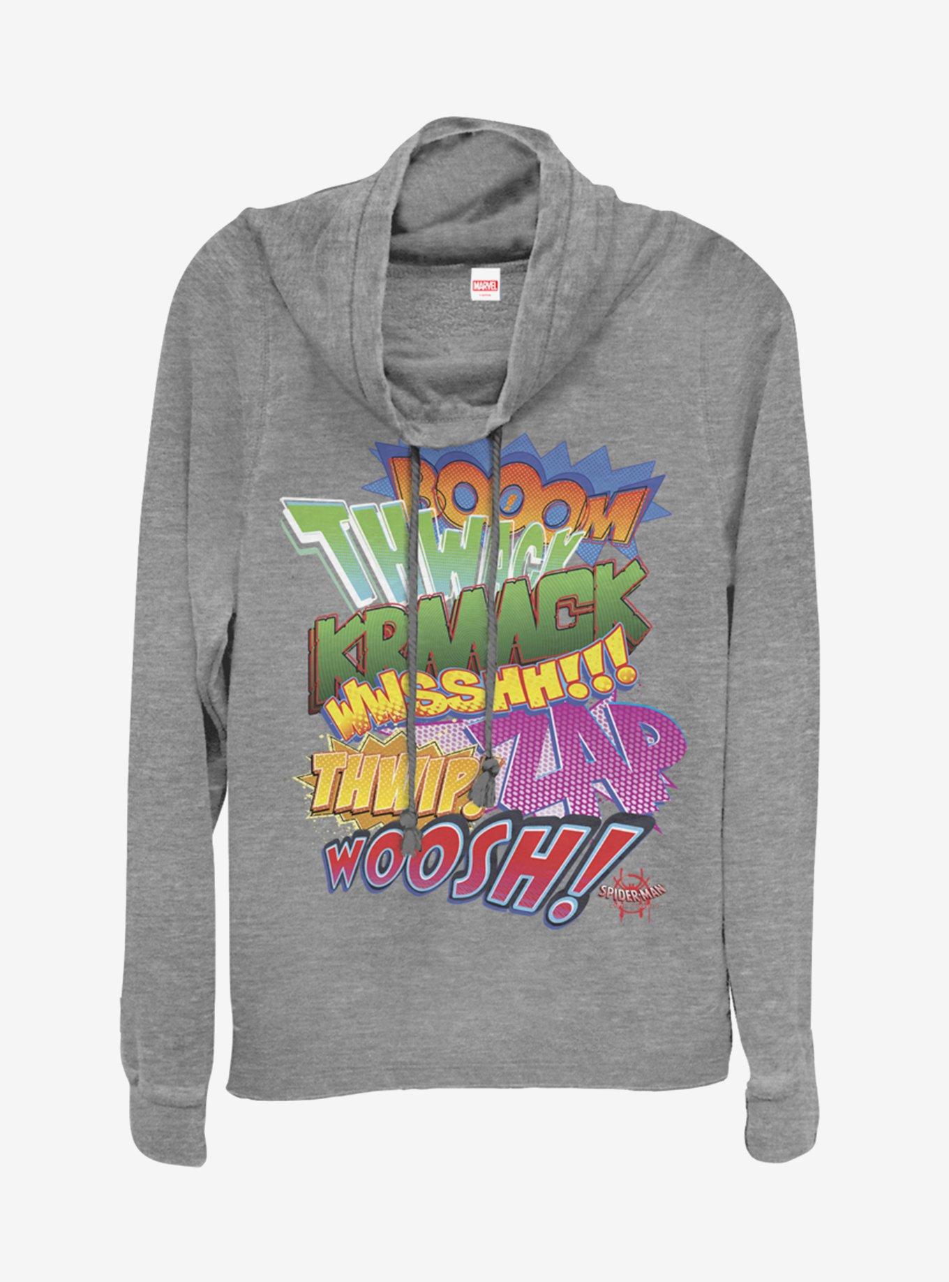 Marvel Sound Effects Cowlneck Long-Sleeve Girls Top, GRAY HTR, hi-res