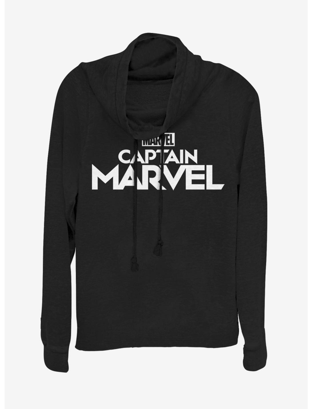 Marvel Captain Marvel Plain Captain Logo Cowlneck Long-Sleeve Womens Top, BLACK, hi-res