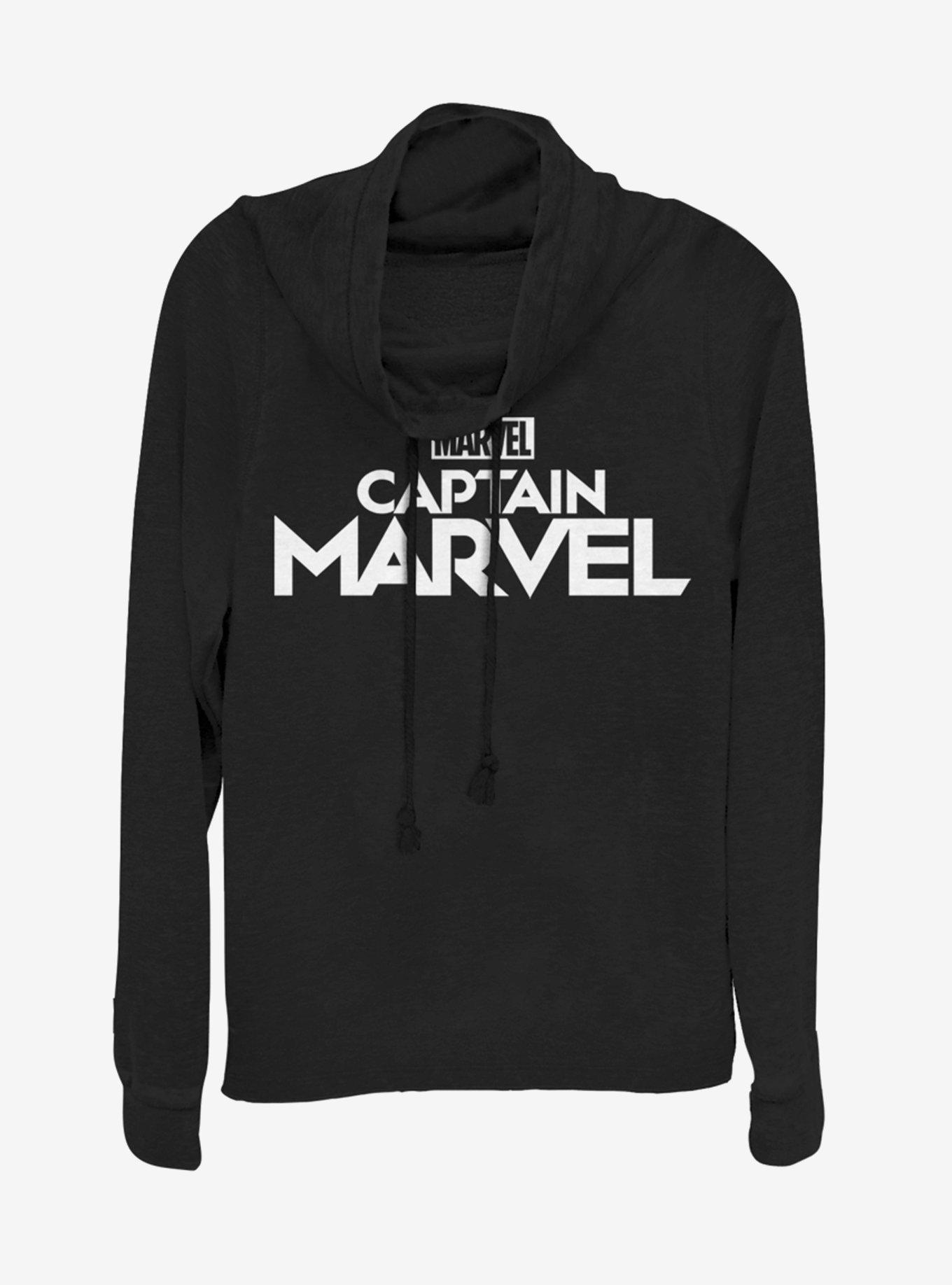 Marvel Captain Marvel Plain Captain Logo Cowlneck Long-Sleeve Womens Top, BLACK, hi-res