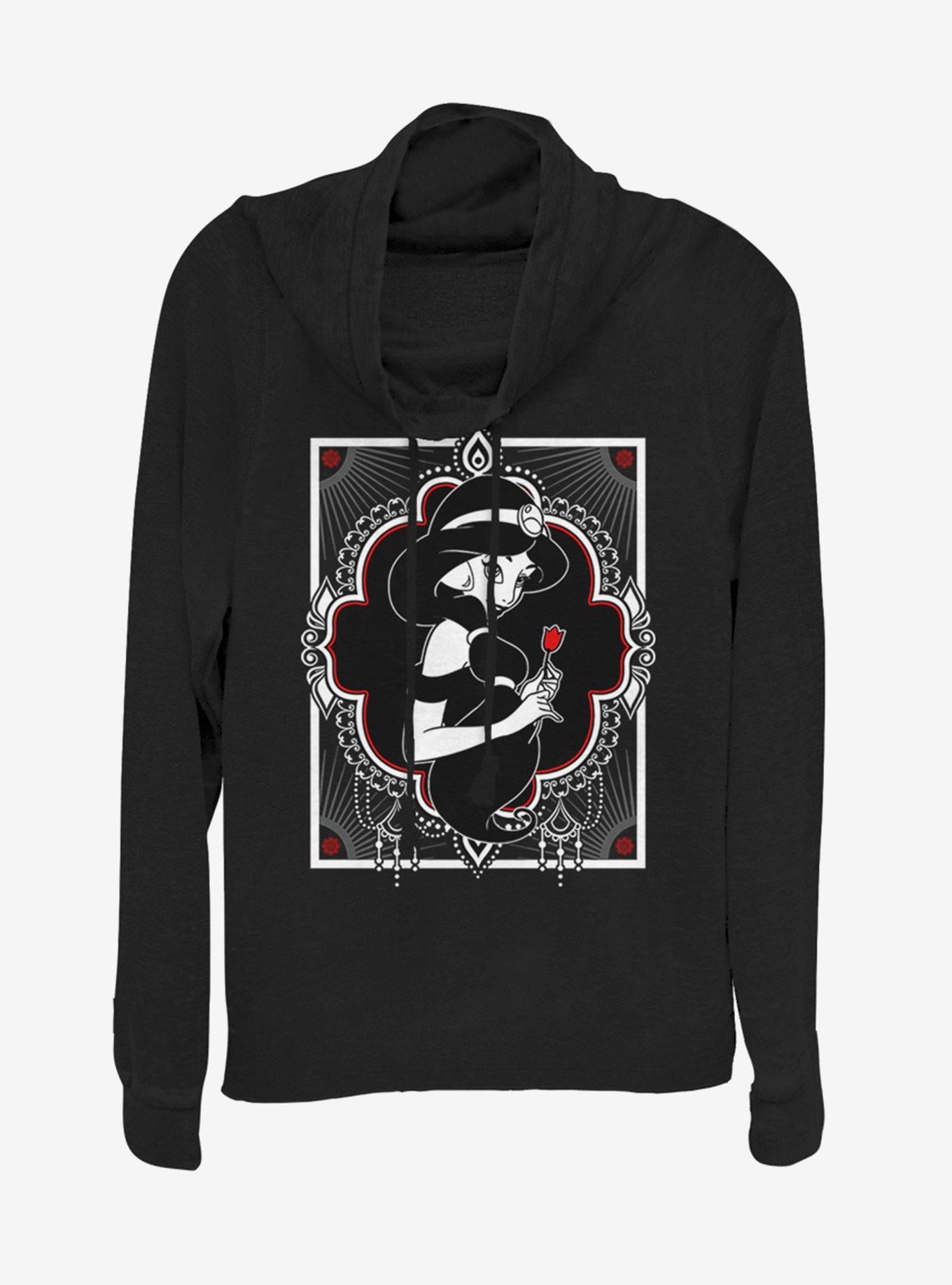 Disney Aladdin Grayscale Jasmine Cowlneck Long-Sleeve Womens Top, BLACK, hi-res