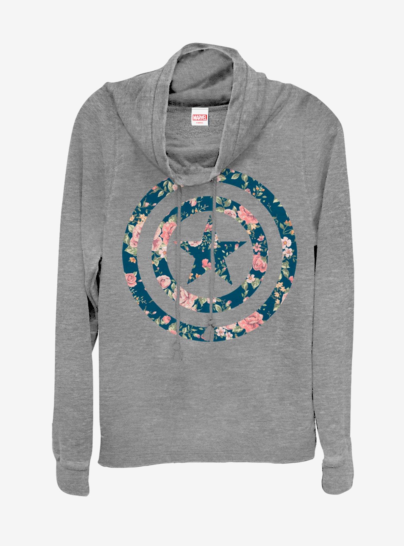 Marvel Captain America Floral Cowlneck Long-Sleeve Womens Top, , hi-res
