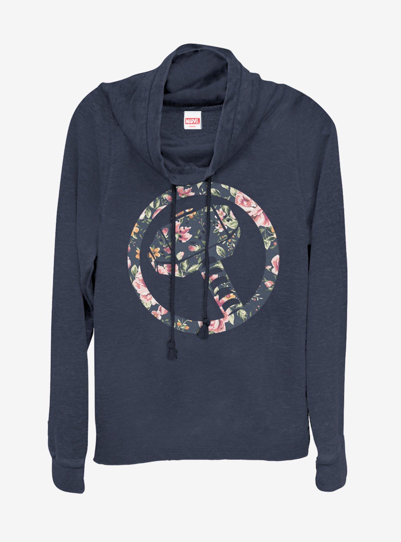 Marvel Thor In Floral Cowlneck Long-Sleeve Womens Top, NAVY, hi-res