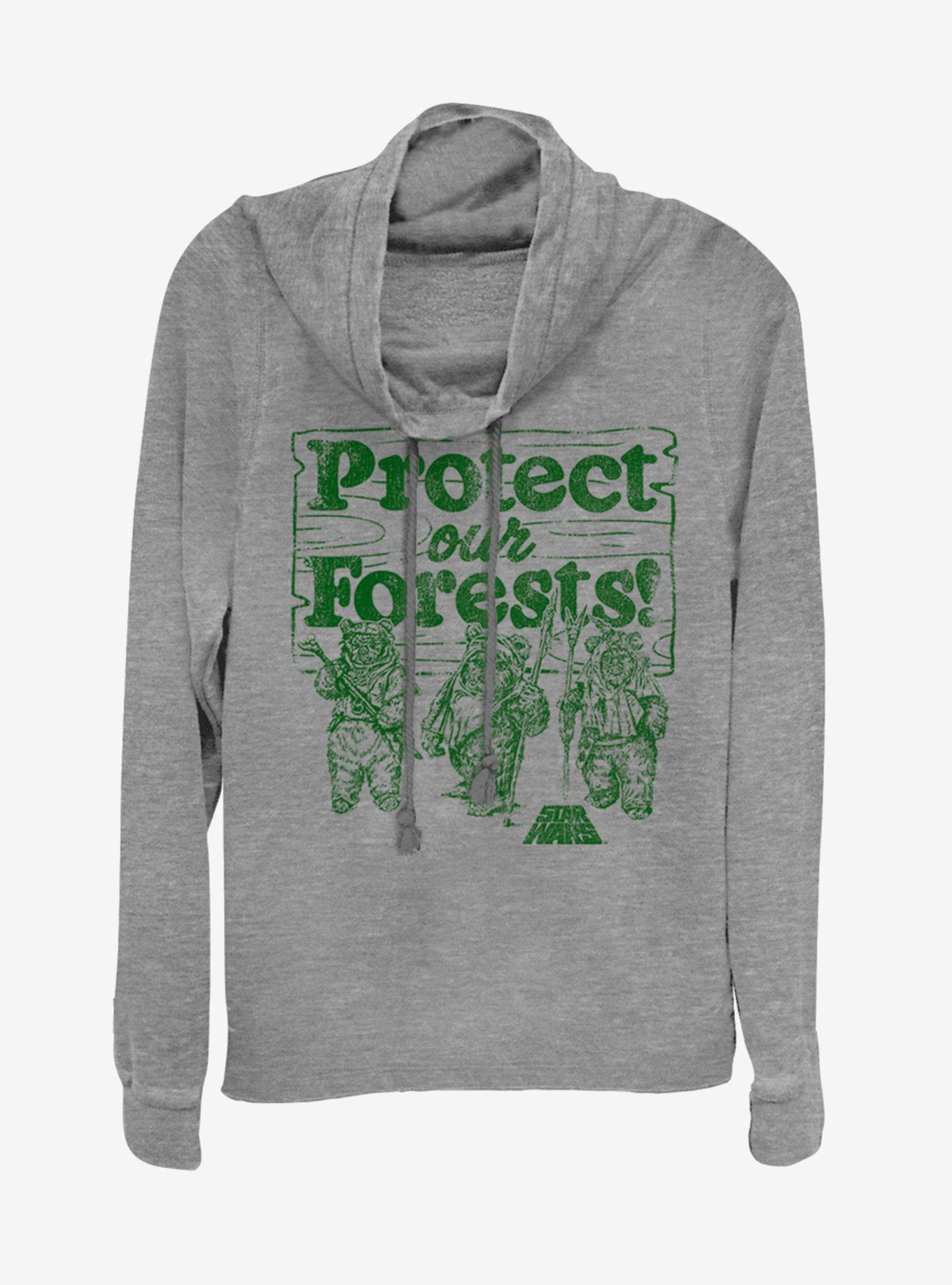 Star Wars Protect our Forests Cowlneck Long-Sleeve Womens Top, GRAY HTR, hi-res
