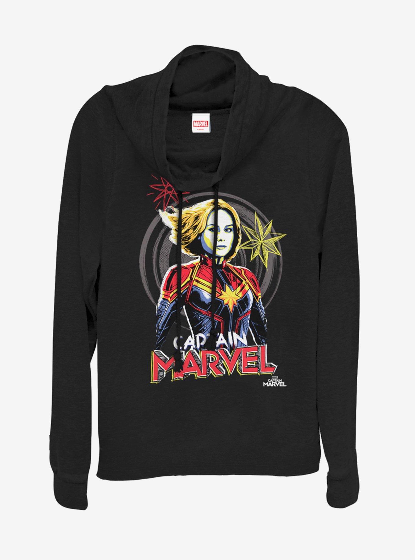 Marvel Captain Marvel Drawing Cowlneck Long-Sleeve Womens Top, BLACK, hi-res