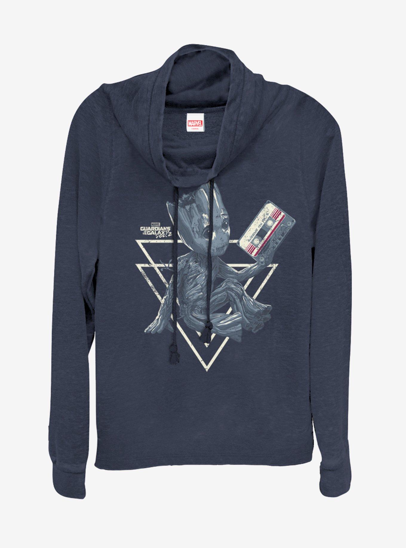 Marvel Guardians of the Galaxy Thoughtful Groot Cowlneck Long-Sleeve Womens Top, NAVY, hi-res