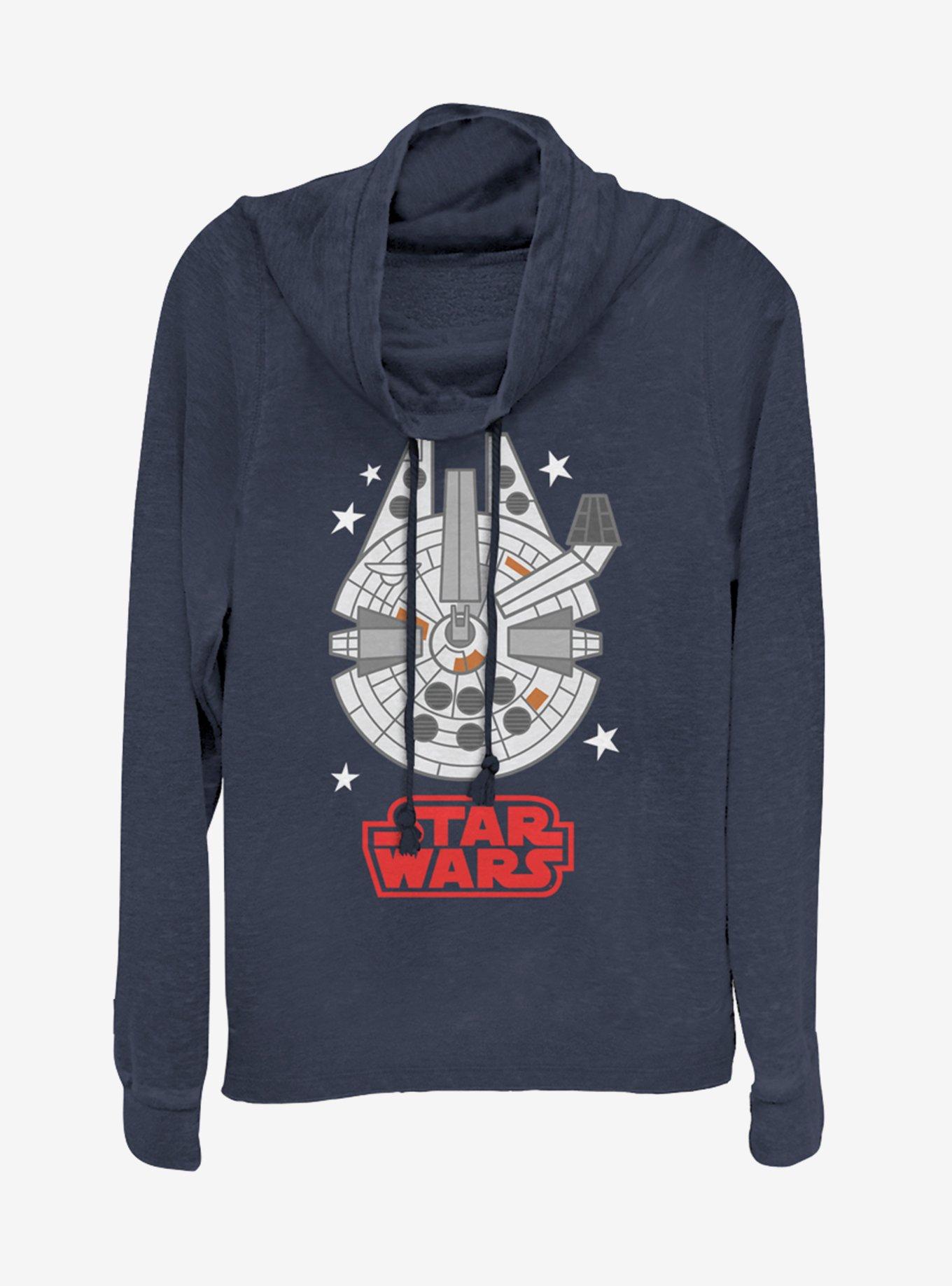 Star Wars Falcon Emoji Cowlneck Long-Sleeve Womens Top, NAVY, hi-res