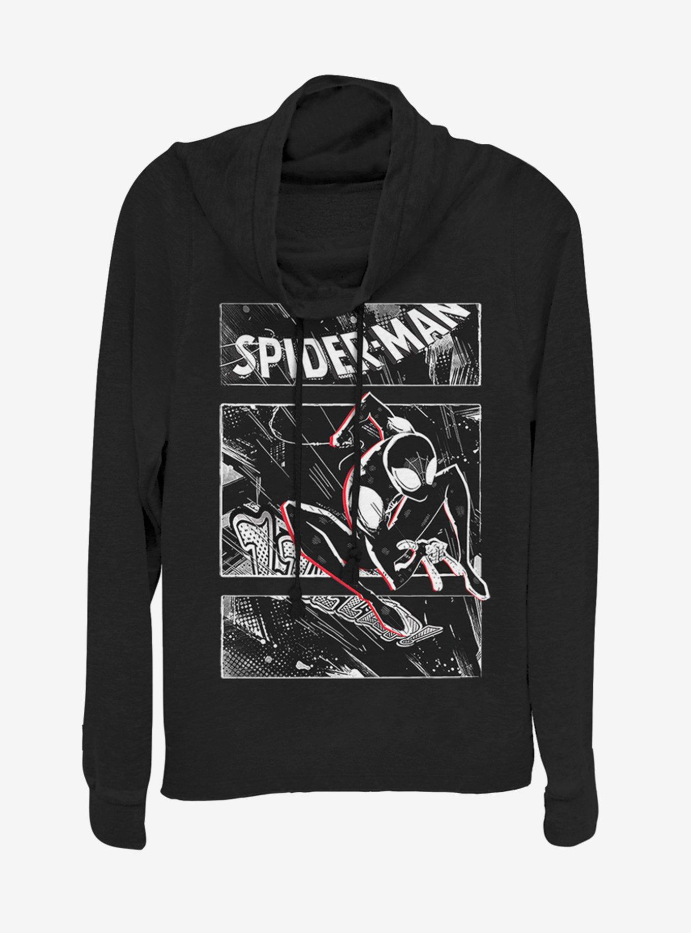 Marvel Spiderman Street Panels Cowlneck Long-Sleeve Womens Top, BLACK, hi-res