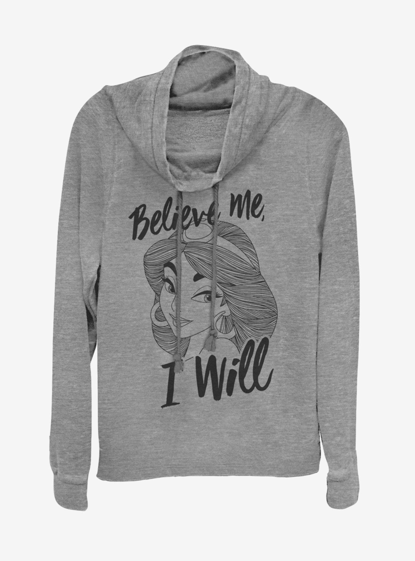 Disney Princess Jasmine Believe Me I Will Cowlneck Long-Sleeve Womens Top, GRAY HTR, hi-res