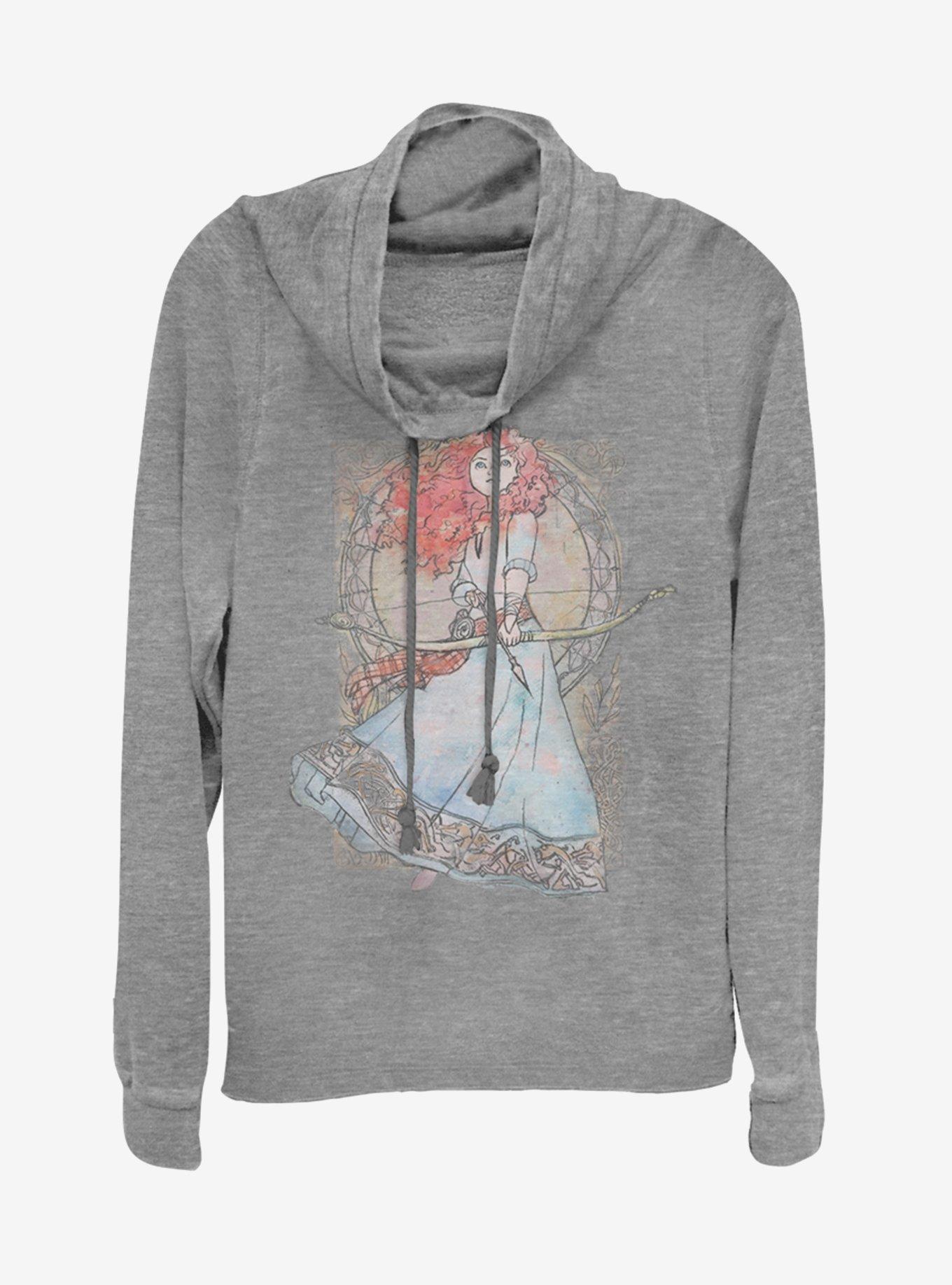 Disney Pixar Watercolor Brave Cowlneck Long-Sleeve Womens Top, GRAY HTR, hi-res