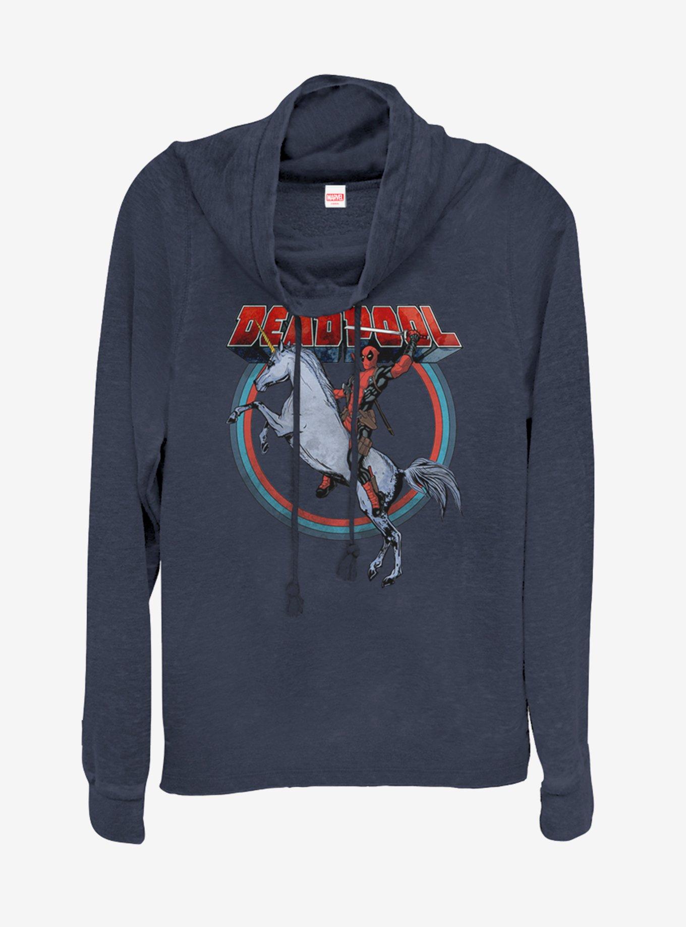 Marvel Deadpool Deadpool On Unicorn Cowlneck Long-Sleeve Womens Top, NAVY, hi-res