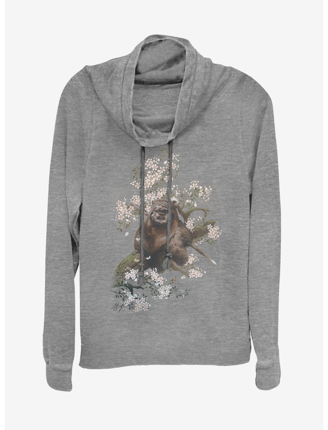 Star Wars Ewok in the Flowers Cowlneck Long-Sleeve Womens Top, GRAY HTR, hi-res
