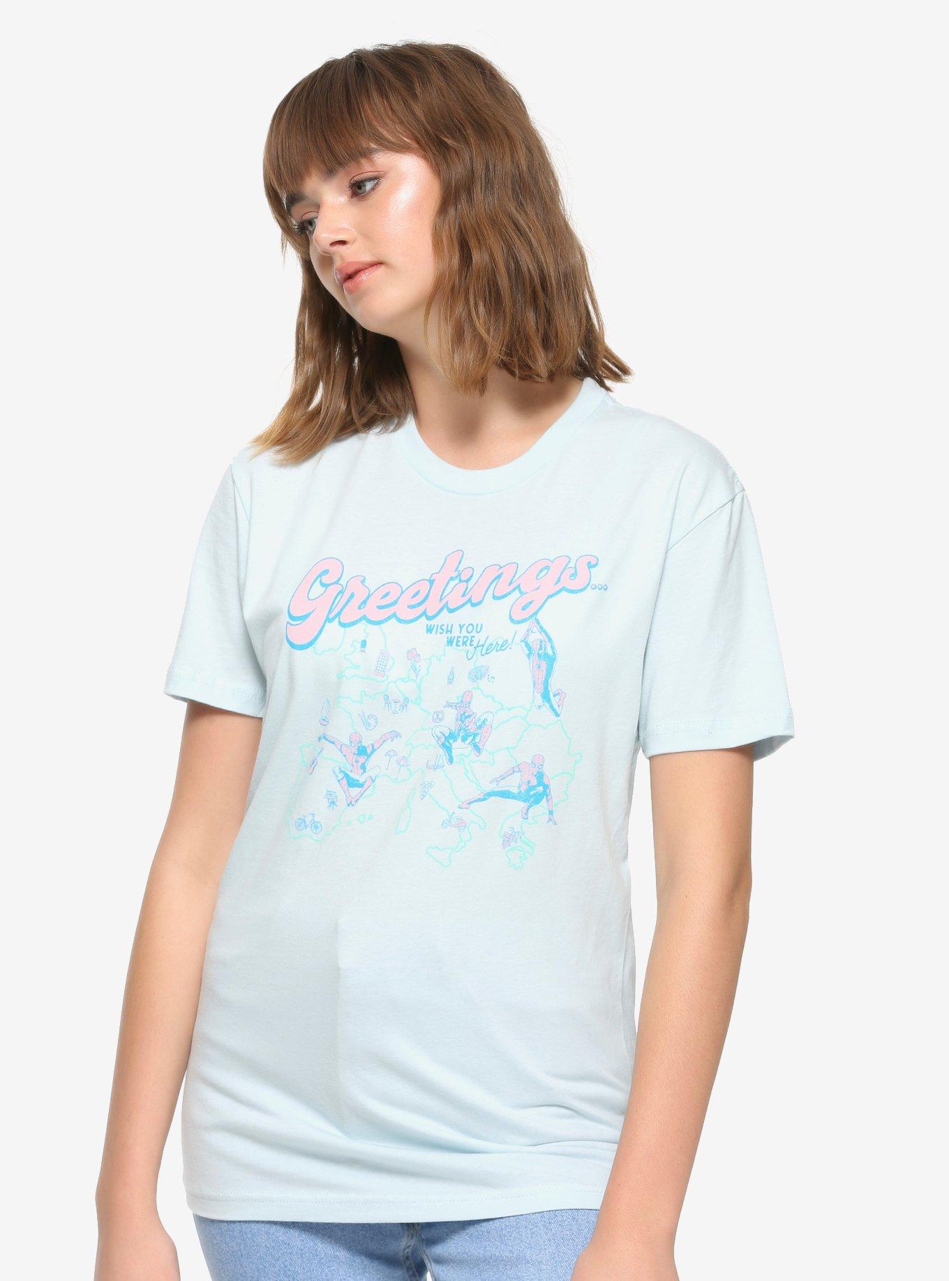 Marvel Spider-Man Wish You Were Here Women's T-Shirt - BoxLunch Exclusive, BLUE, hi-res