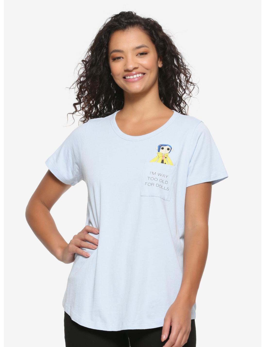 Coraline Doll Pocket Women's T-Shirt - BoxLunch Exclusive, BLUE, hi-res