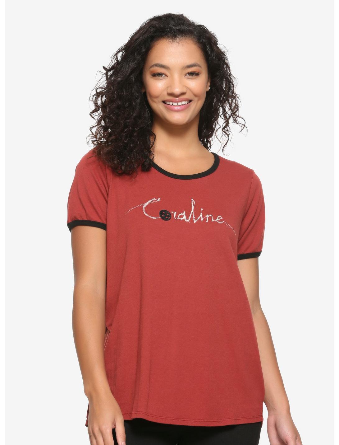 Coraline Logo Women's Ringer T-Shirt - BoxLunch Exclusive, BURGUNDY, hi-res