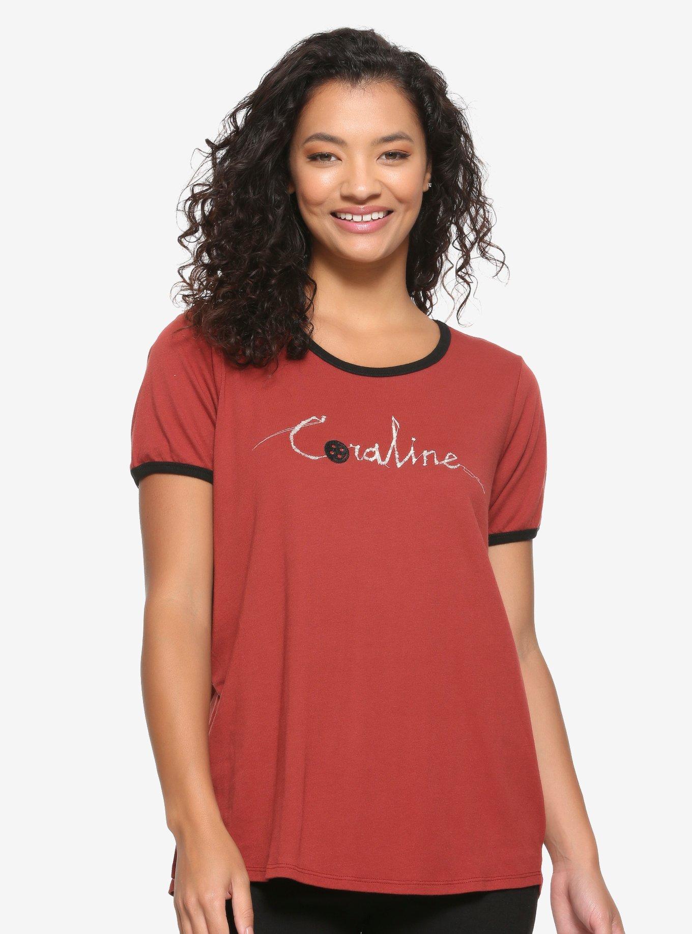 Coraline Logo Women's Ringer T-Shirt - BoxLunch Exclusive, BURGUNDY, hi-res view 1