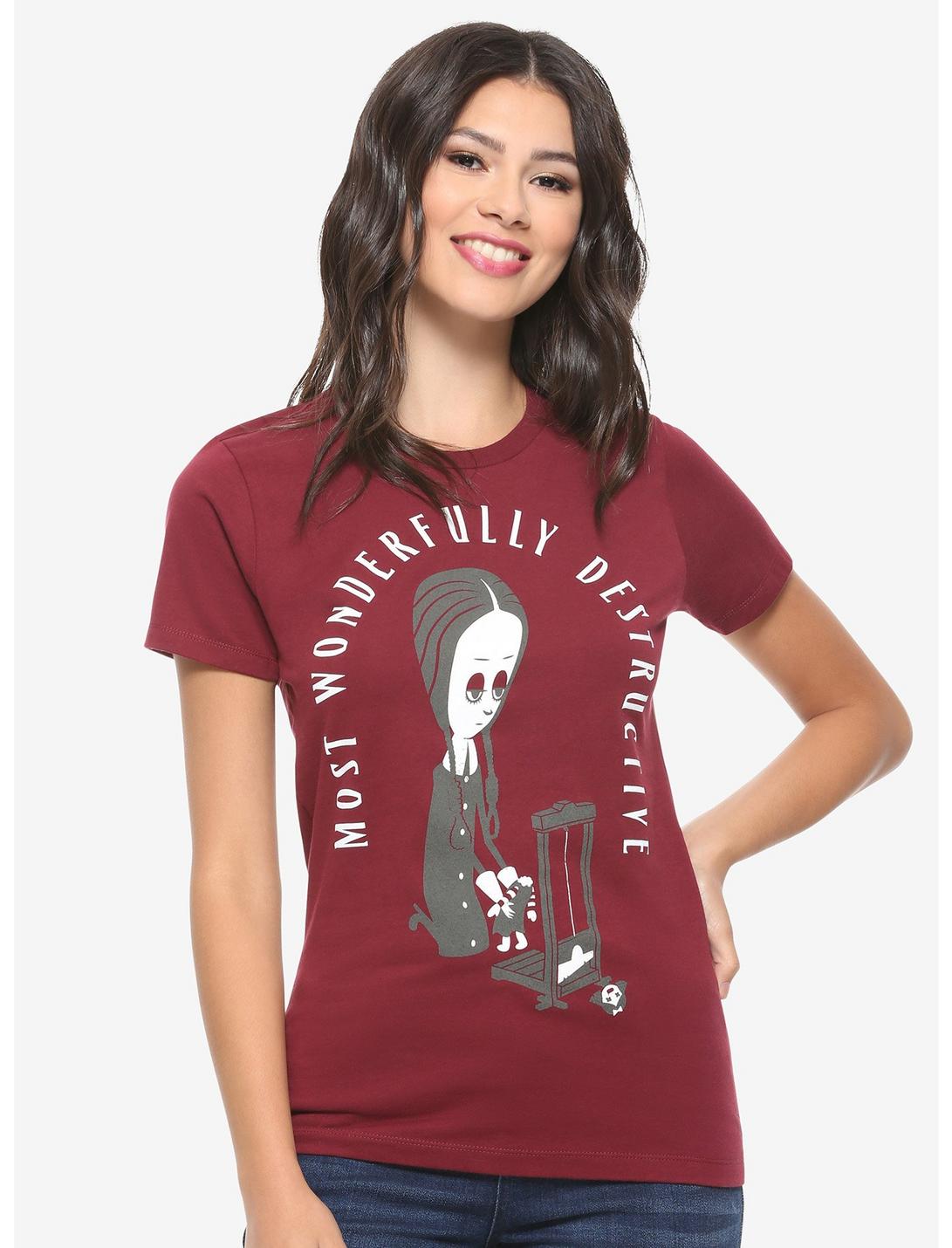 The Addams Family Wednesday Addams Destructive Women's T-Shirt - BoxLunch Exclusive, WINE, hi-res
