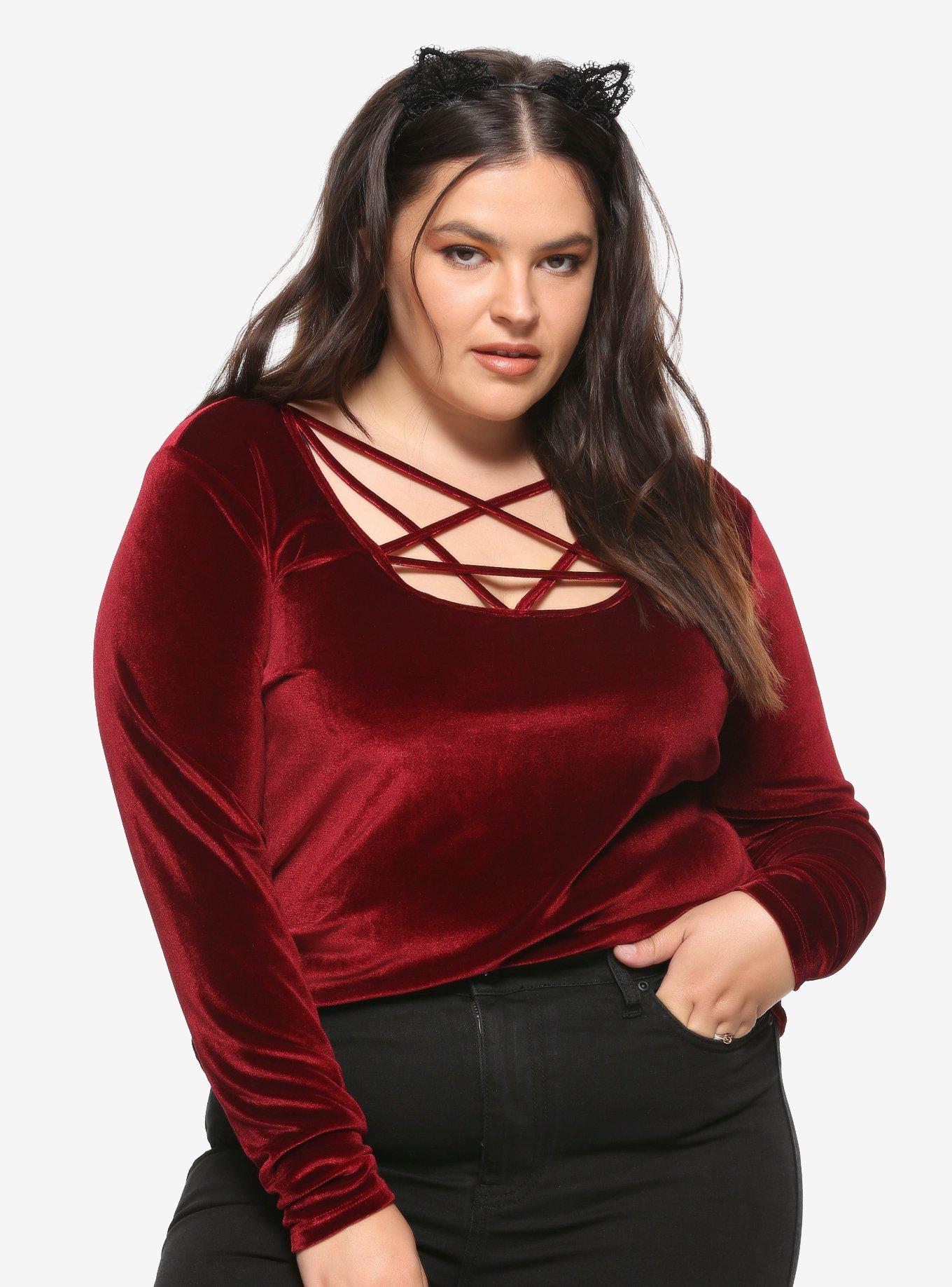 Burgundy Velvet Pentagram Strappy Girls Long-Sleeve T-Shirt Plus Size, BLACK, hi-res
