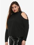 Black Strappy Cold Shoulder Long-Sleeve Girls T-Shirt Plus Size, BLACK, hi-res