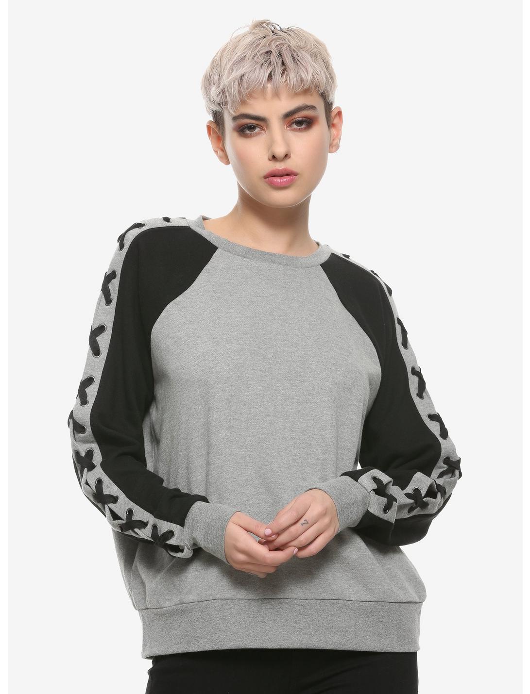 Black & Grey Lace-Up Girls Long-Sleeve Sweatshirt, BLACK, hi-res