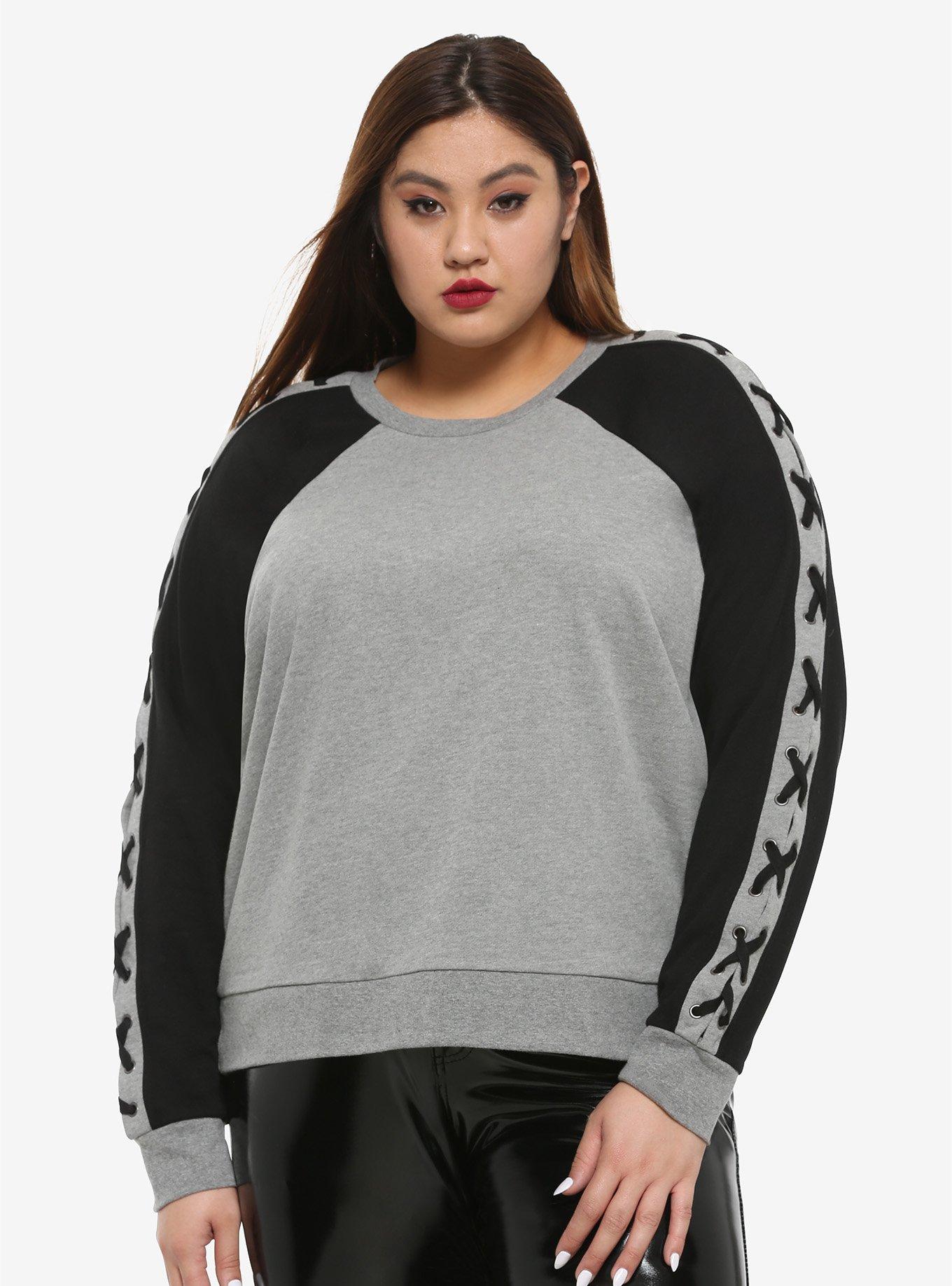 Black & Grey Lace-Up Girls Long-Sleeve Sweatshirt Plus Size, BLACK, hi-res