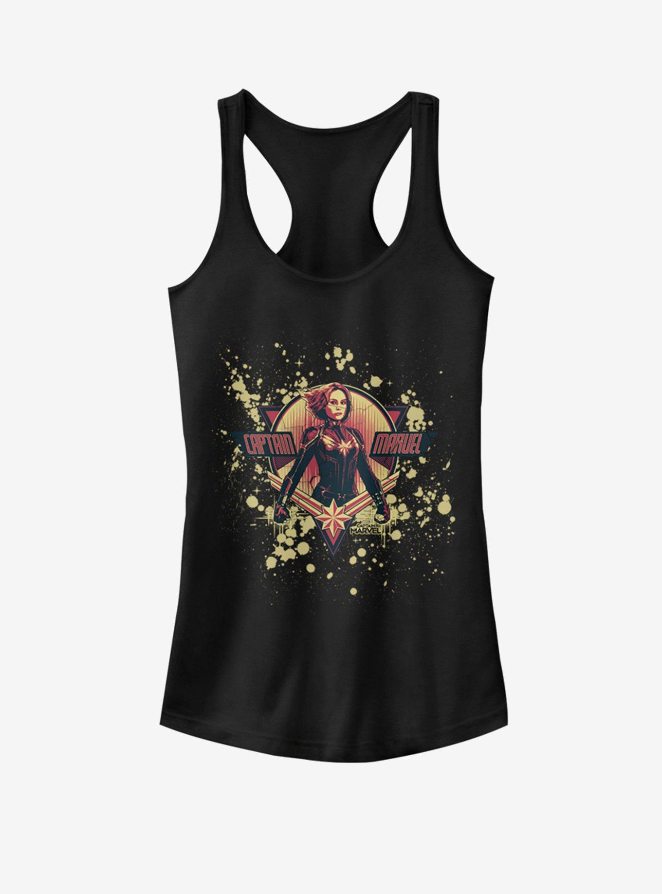 Marvel Captain Marvel Splatter Grunge Marvel Logo Girls Tank, BLACK, hi-res