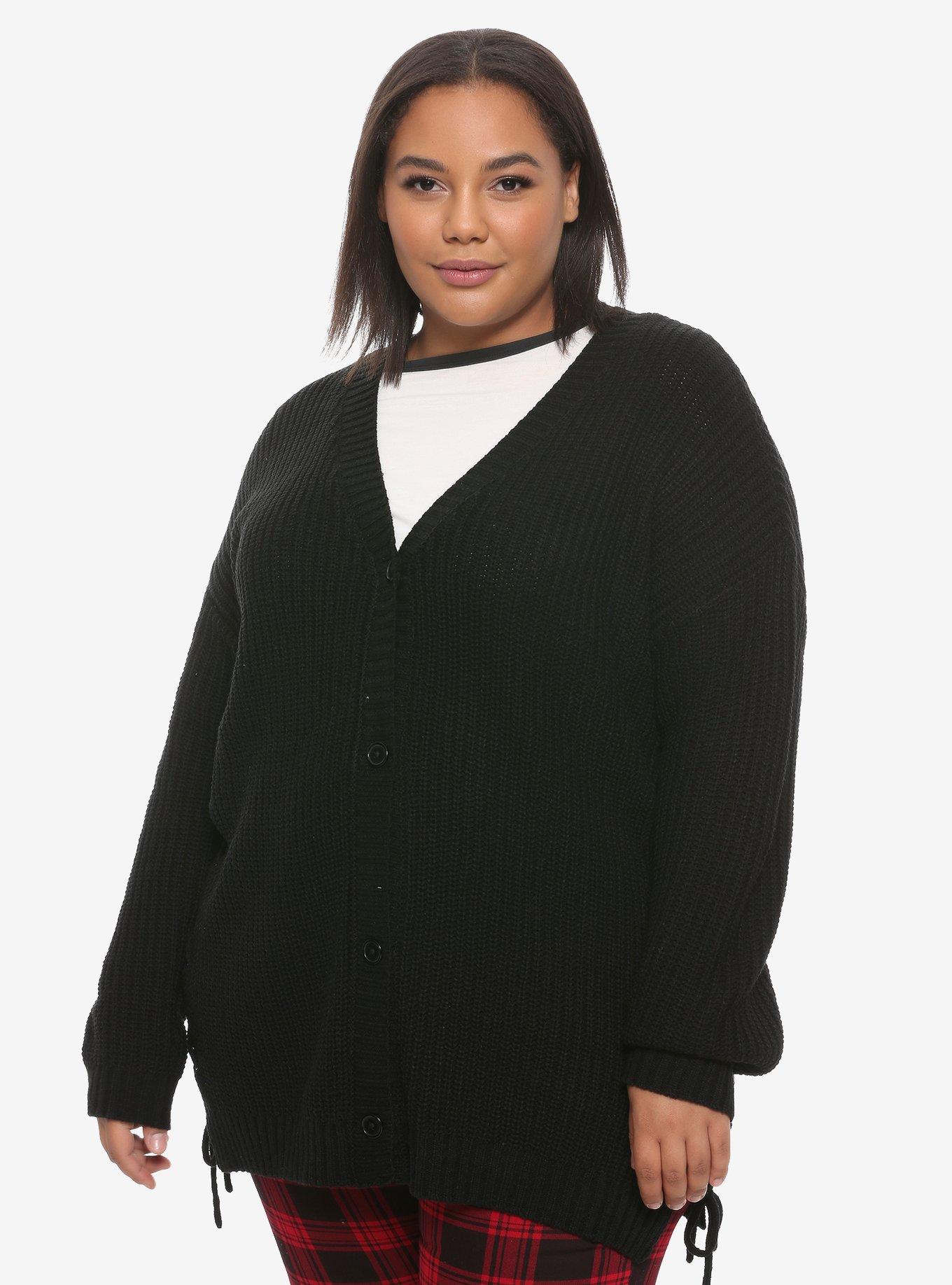 Black Side-Lacing Girls Cardigan Plus Size, BLACK, hi-res