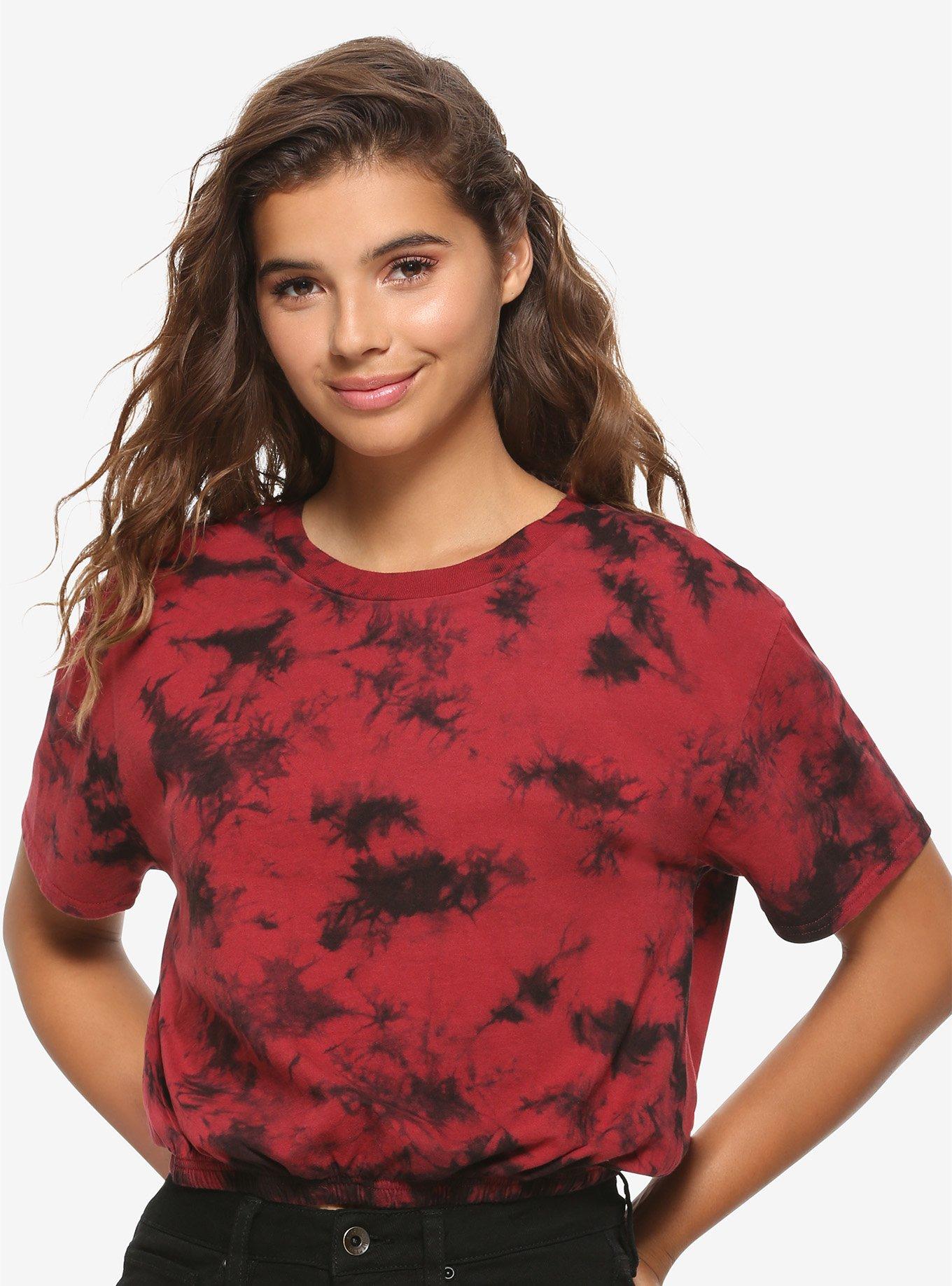 Black & Red Tie-Dye Elastic Waistband Girls Crop T-Shirt, RED, hi-res